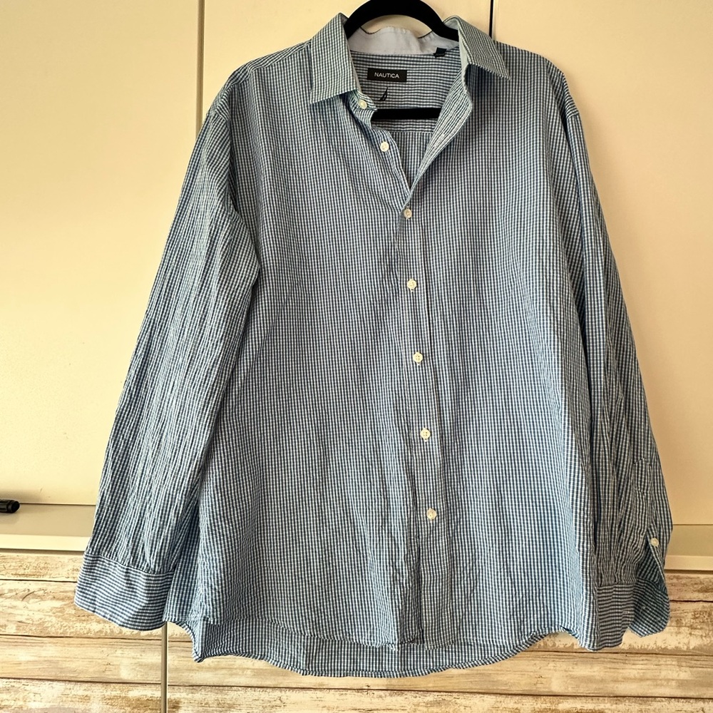 👔 Nautica Men’s 17 34/35 Blue White Gingham Check Long Sleeve Dress Shirt